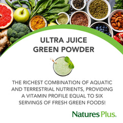 Glass of water with dissolved NaturesPlus Ultra Juice Green Powder showing smooth texture