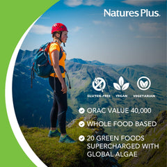 Close-up of Organic Non-GMO Gluten-Free label on NaturesPlus Ultra Juice Green Powder packaging