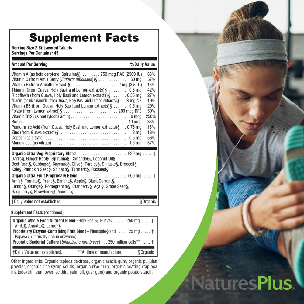 NaturesPlus Ultra Juice ingredients list showing 32 whole fruits and vegetables.