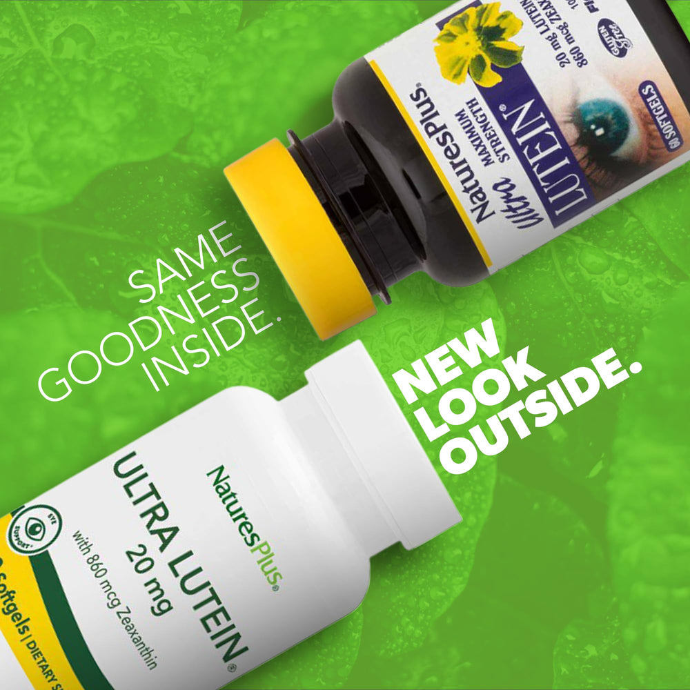 NaturesPlus Ultra Lutein 20 mg bottle label highlights ingredients and potency