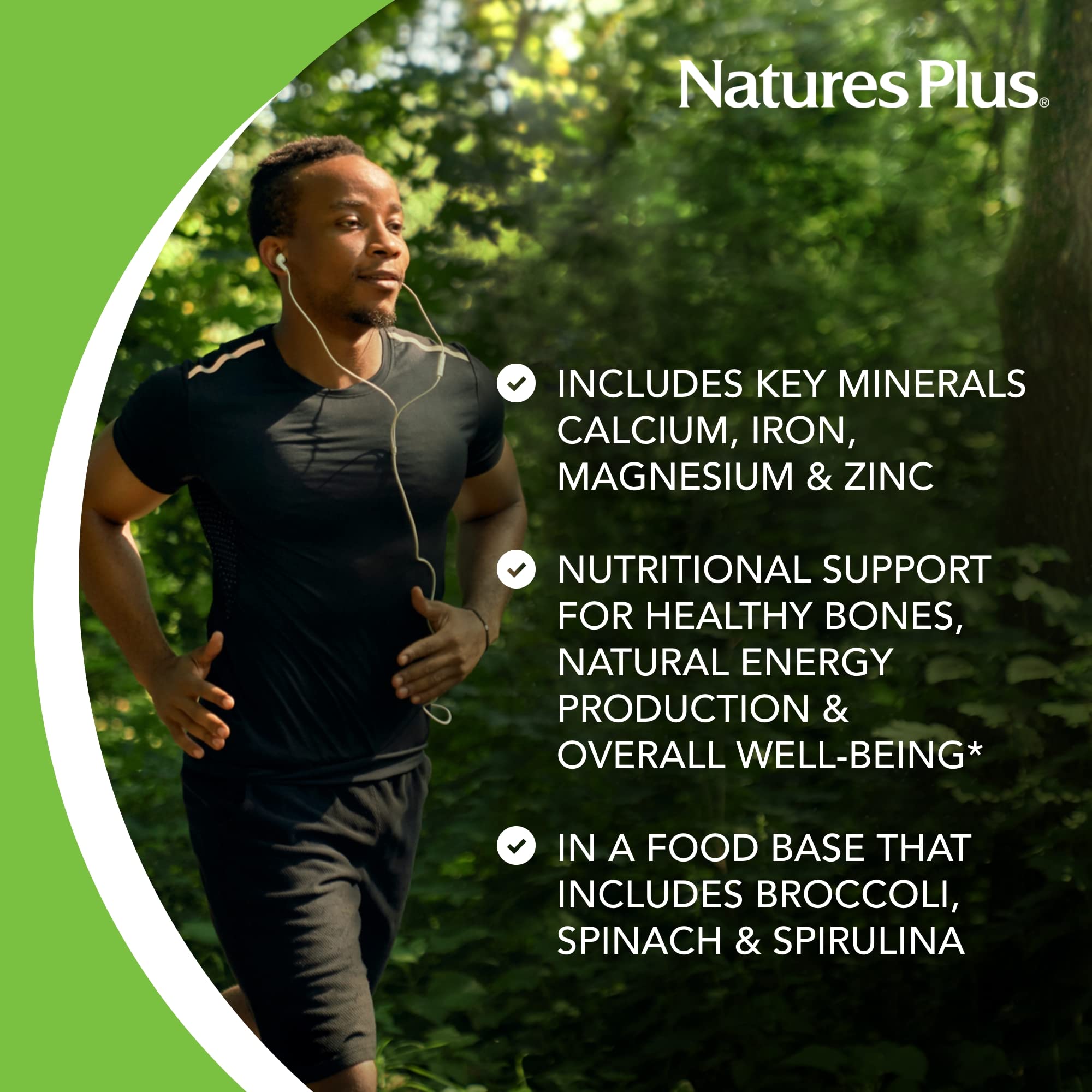 NaturesPlus Ultra-Mins image showing whole-food mineral blend with broccoli and spinach