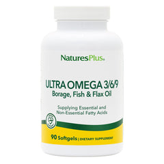NaturesPlus Ultra Omega 3 6 9 softgels bottle promotes balanced daily nutrition.