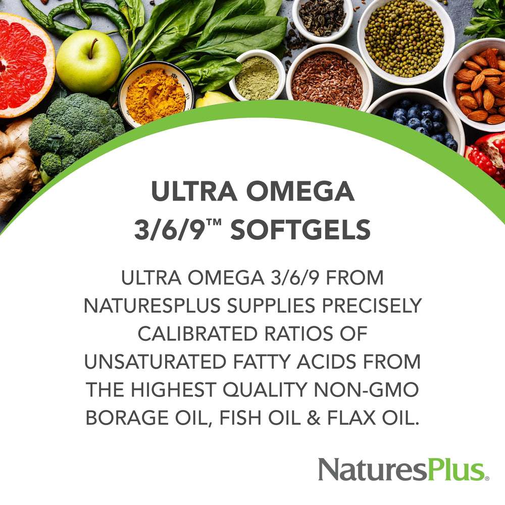 NaturesPlus Ultra Omega bottles with ingredients label communicates gluten-free formulation.