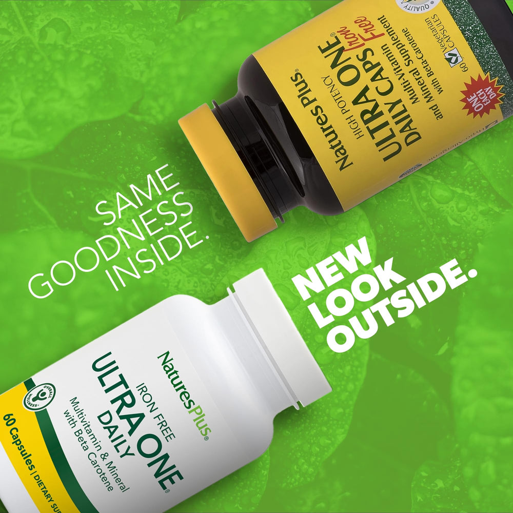 NaturesPlus Ultra One Daily Iron Free bottle back with supplement facts and purity notes