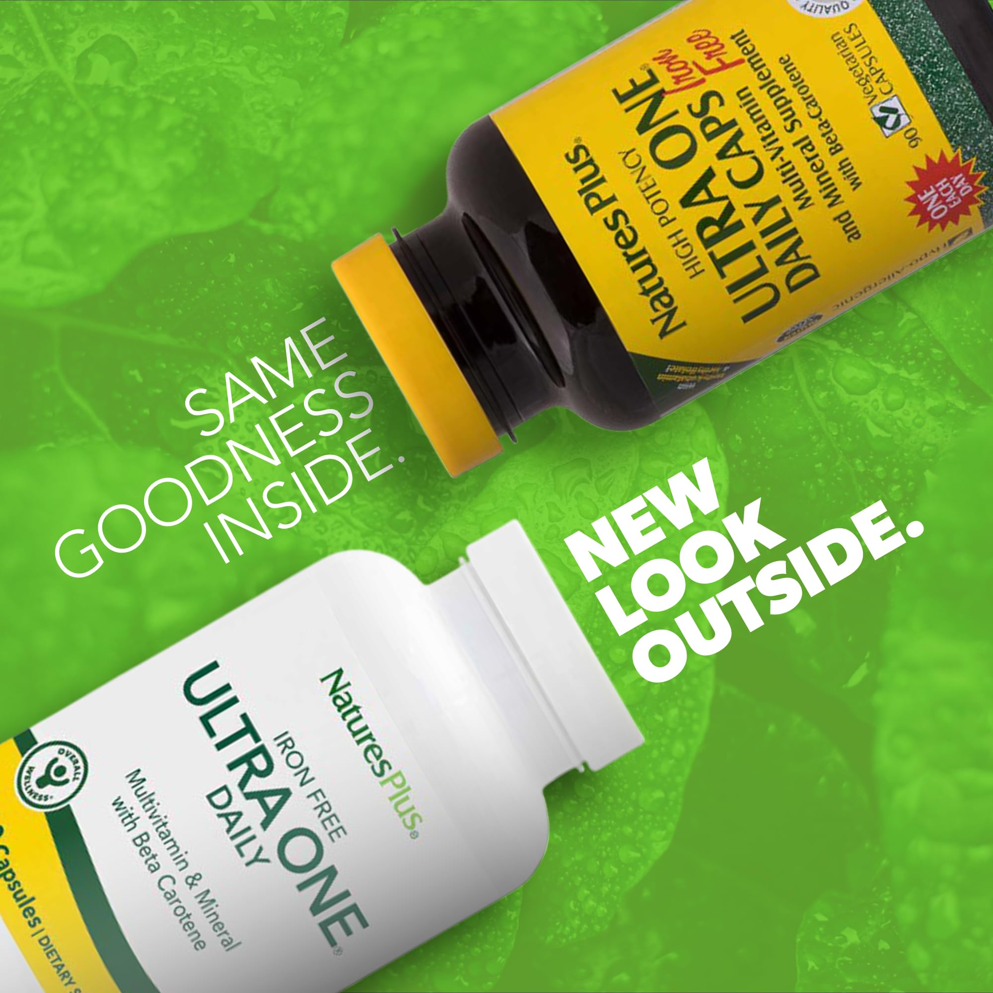 NaturesPlus Ultra One Daily Iron Free capsules close-up for easy daily ingestion.