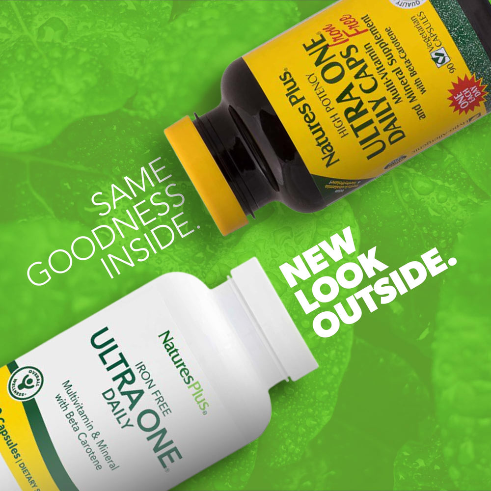 NaturesPlus Ultra One Daily Iron Free capsules close-up for easy daily ingestion.