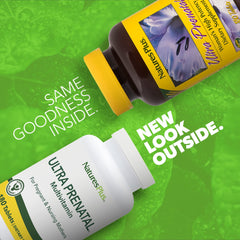NaturesPlus Ultra Prenatal bottle label highlighting essential minerals and folate for pregnancy.