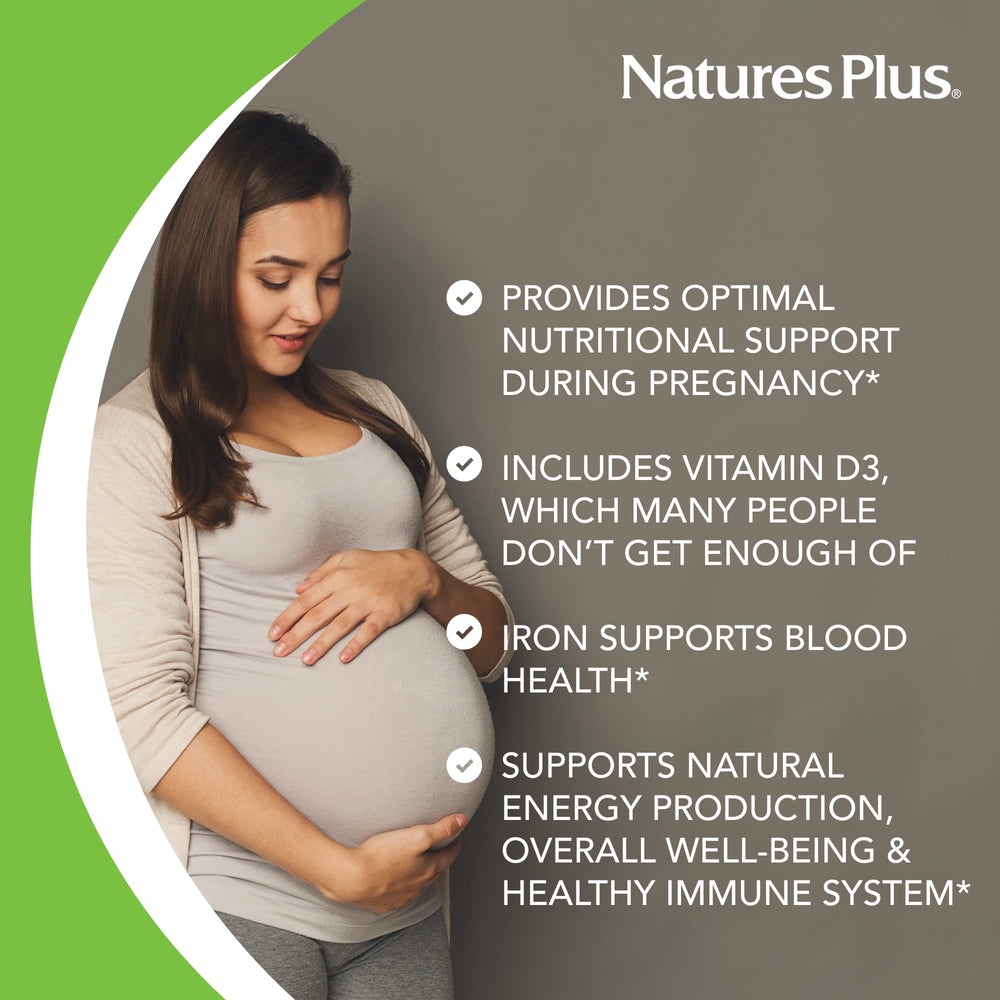 NaturesPlus Ultra Prenatal ingredient list image communicates diverse food-based nutrients.