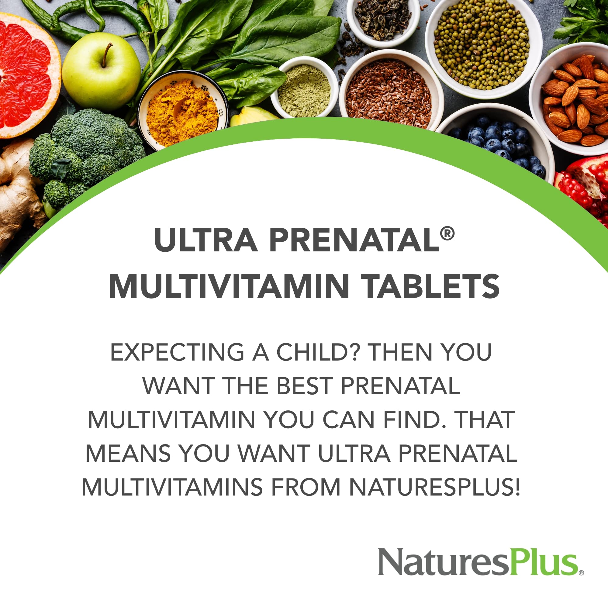 NaturesPlus Ultra Prenatal tablets close-up emphasizing vegetarian formula and easy digestion.