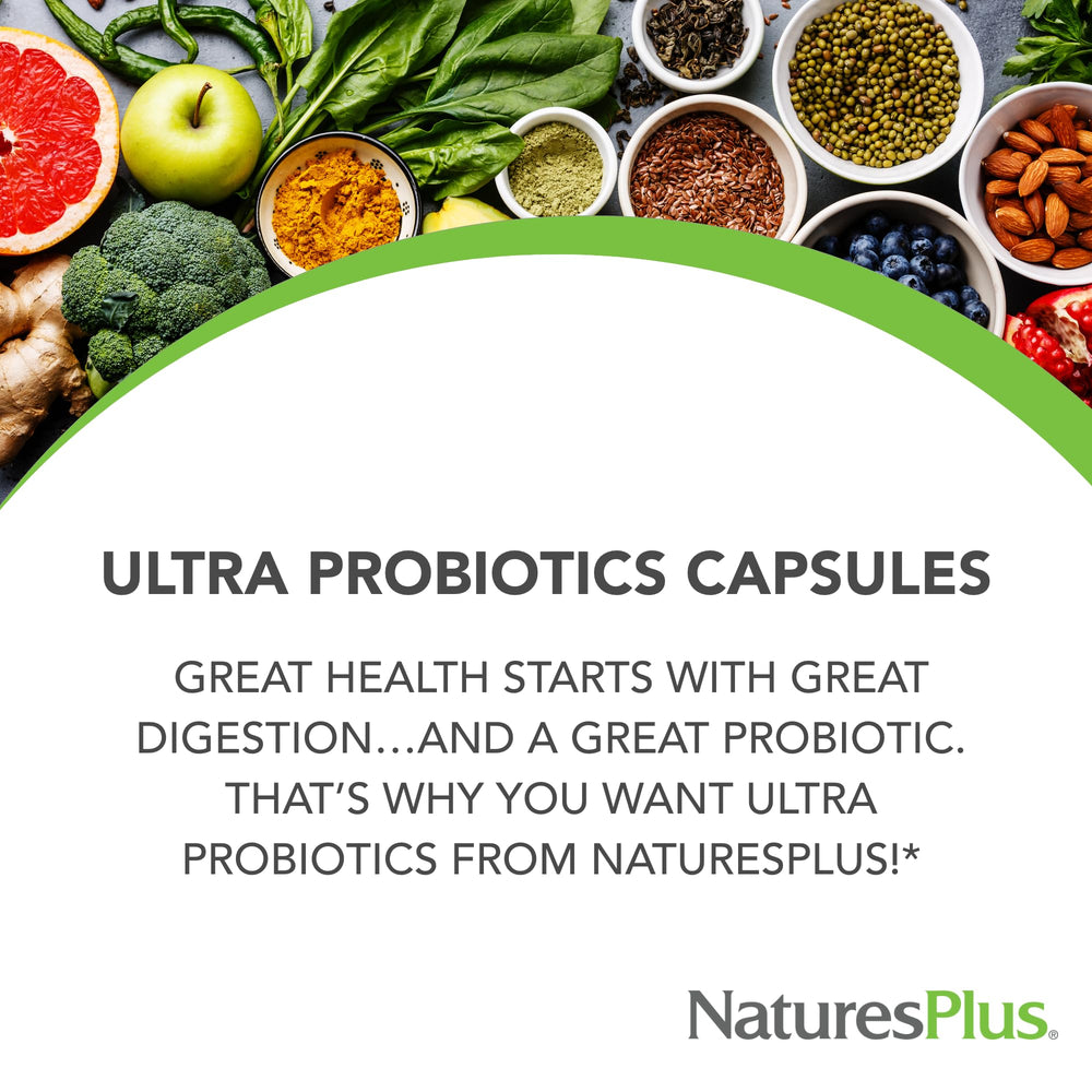 NaturesPlus Ultra Probiotics capsules close-up highlighting vegan formulation