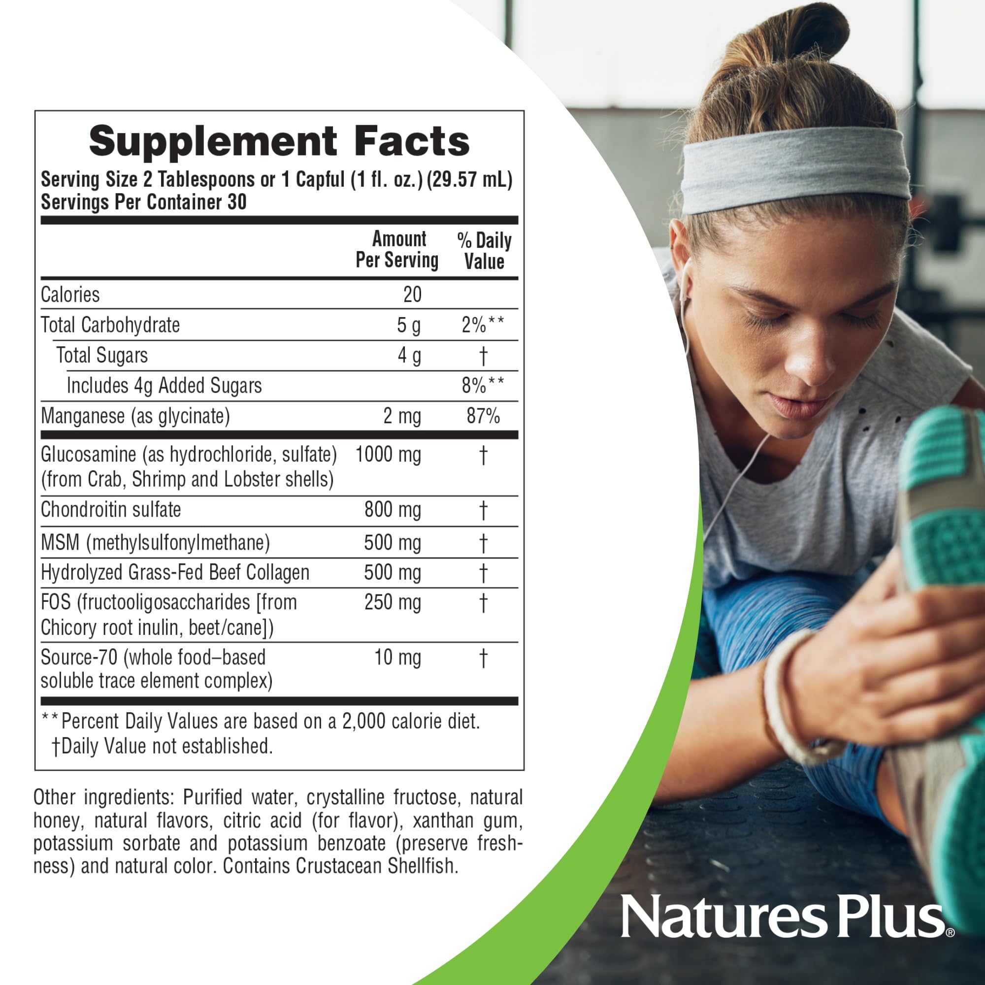 Glass and spoon showing measured daily dose of NaturesPlus Rx-Joint Liquid