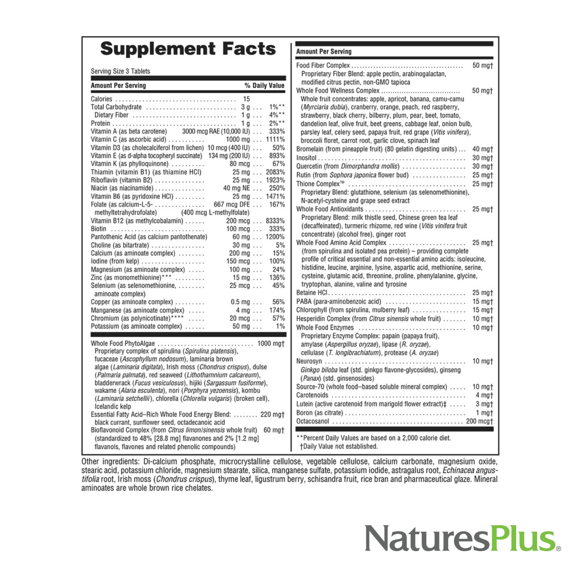 NaturesPlus Ultra Source of Life back label with ingredients and gluten-free claim