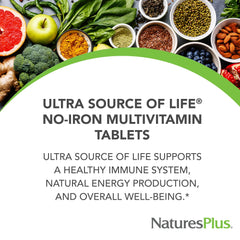 NaturesPlus Ultra Source of Life bottle label highlighting vitamin D3 and lutein
