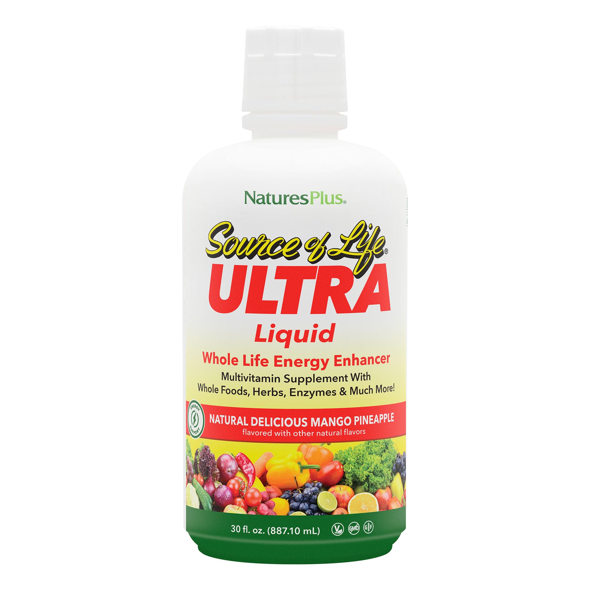 NaturesPlus Ultra Source of Life mango pineapple bottle ready for daily energy support