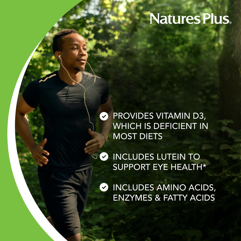NaturesPlus Ultra Source of Life liquid with glass shows vibrant mango pineapple flavor