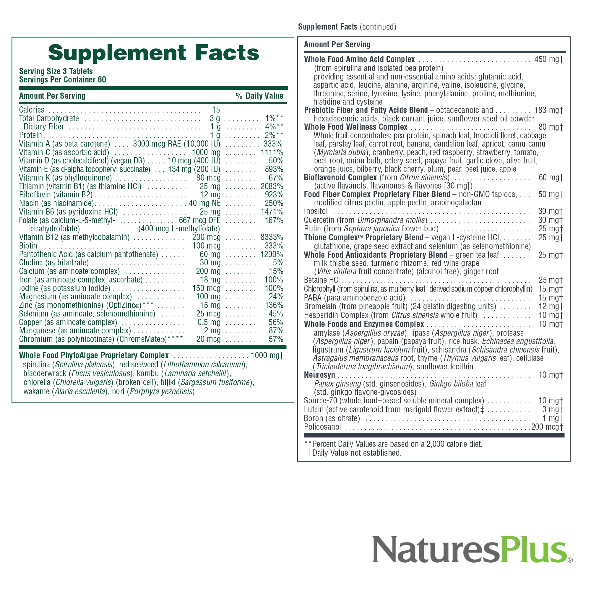 NaturesPlus Ultra Source of Life tablets with serving size directions