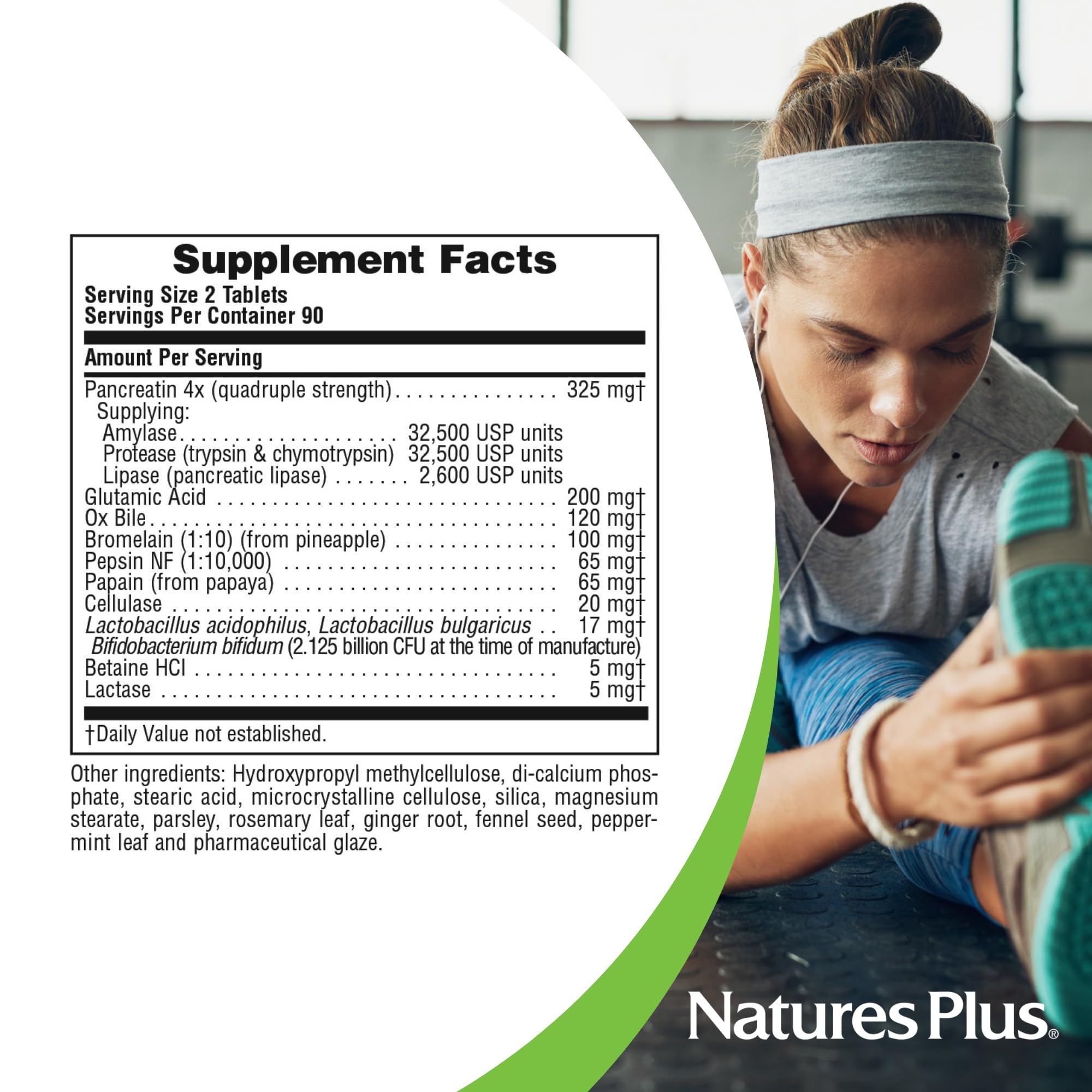 Ingredients area featuring acidophilus and glutamic acid for digestion support.