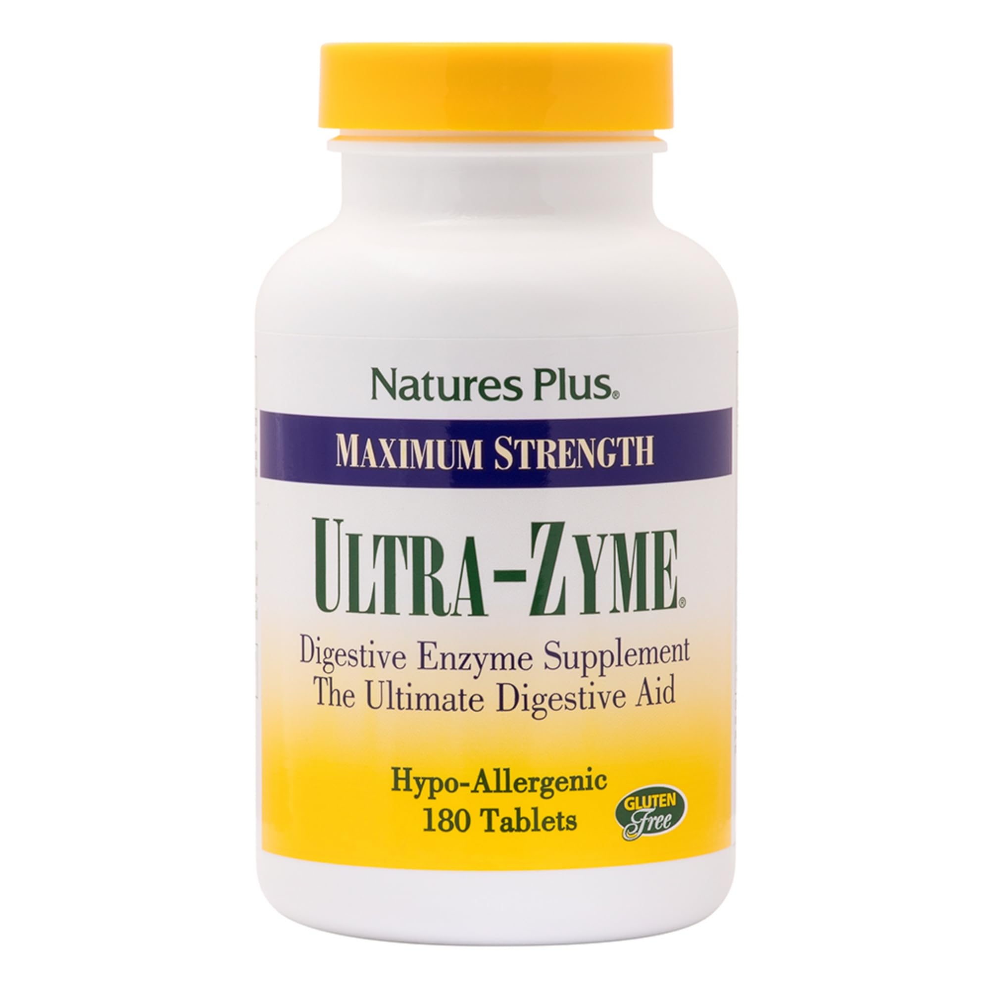 NaturesPlus Ultra-Zyme bottle front showing gluten-free enzyme support.