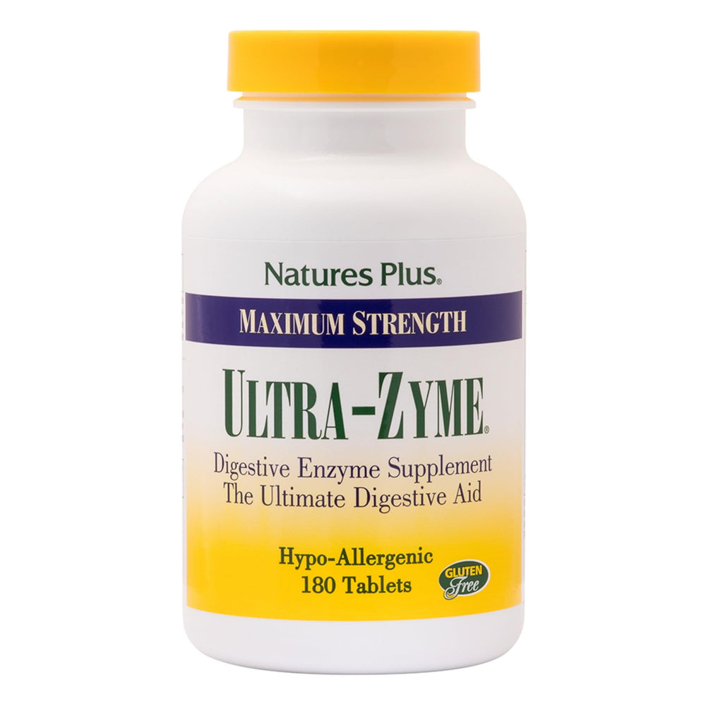 NaturesPlus Ultra-Zyme bottle front showing gluten-free enzyme support.
