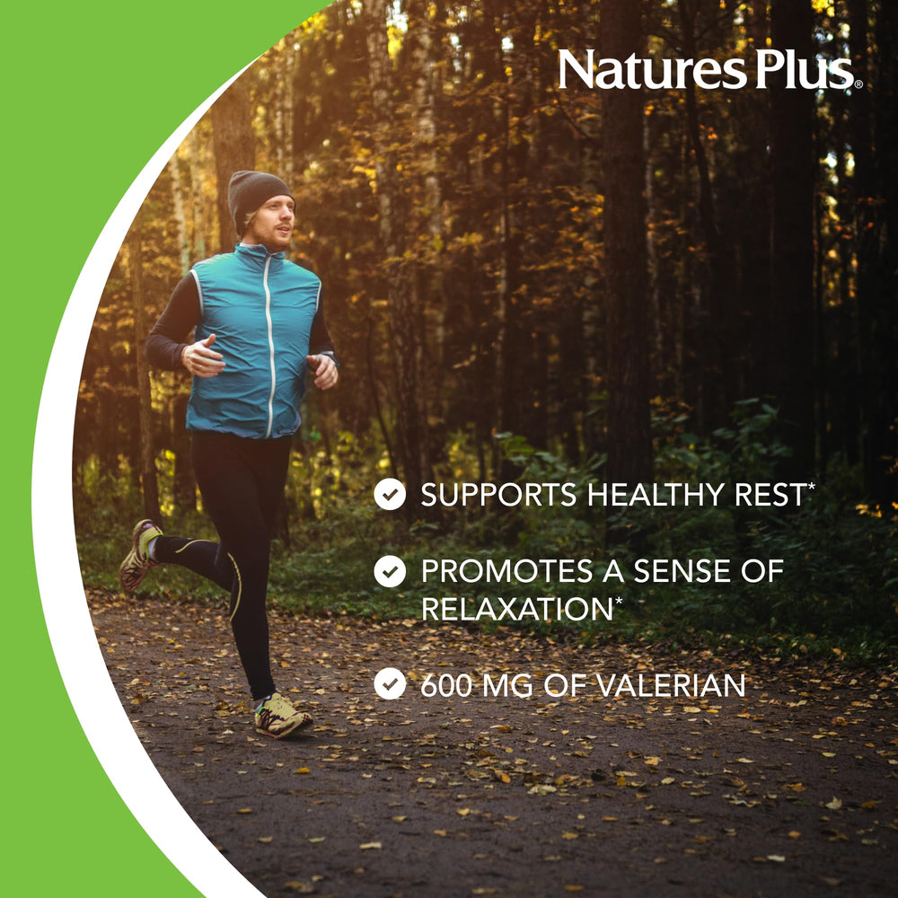 NaturesPlus Valerian tablets pack highlights vegetarian and gluten-free formula.