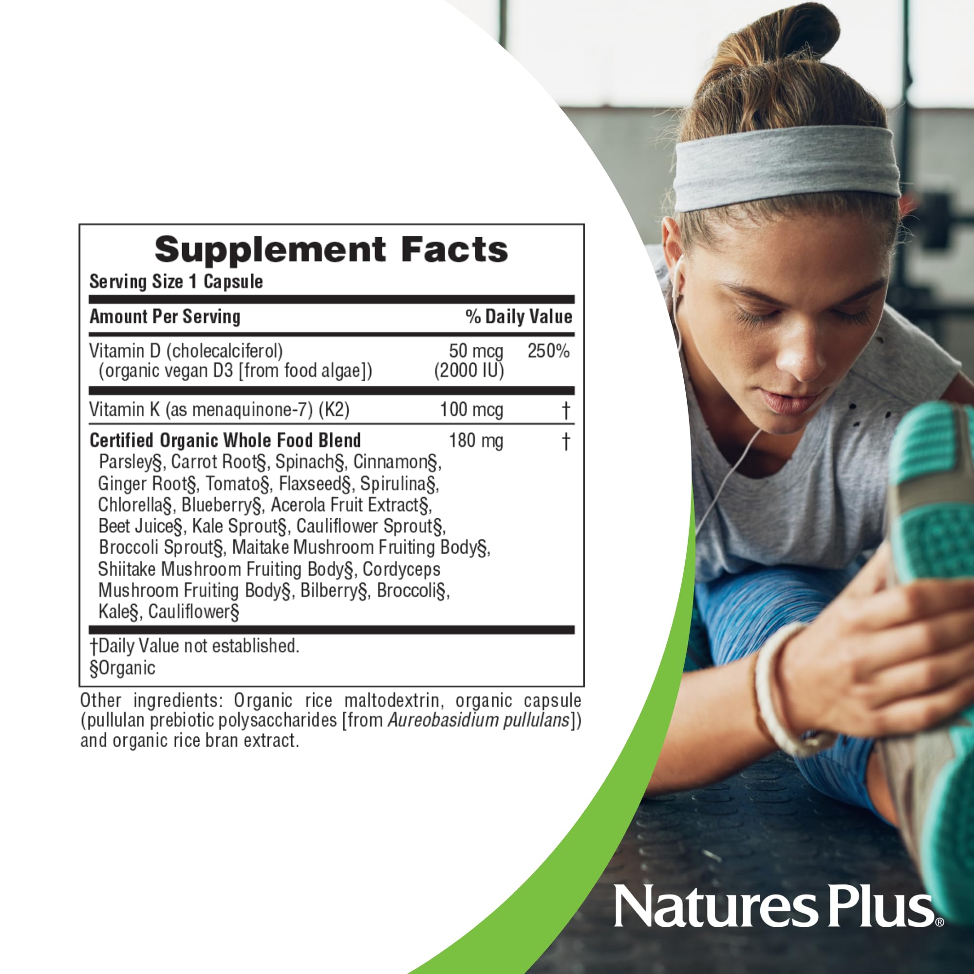 NaturesPlus Vegan Gluten Free icons signaling allergen-conscious nutrition.