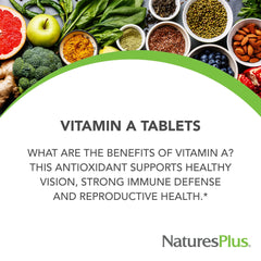 NaturesPlus Vitamin A Palmitate label close-up highlighting 10,000 IU potency.
