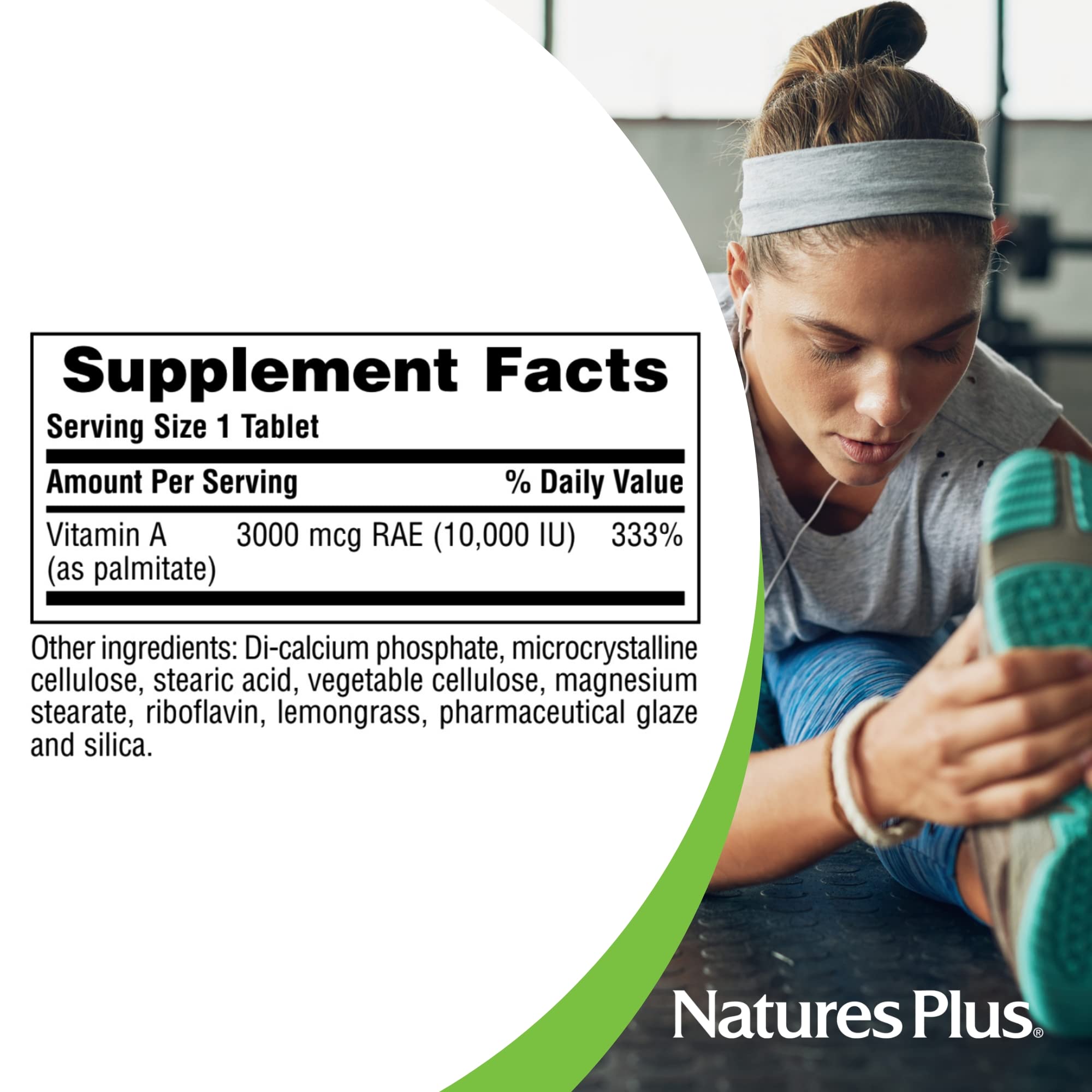NaturesPlus Vitamin A Palmitate supplement facts panel, vegetarian-friendly.