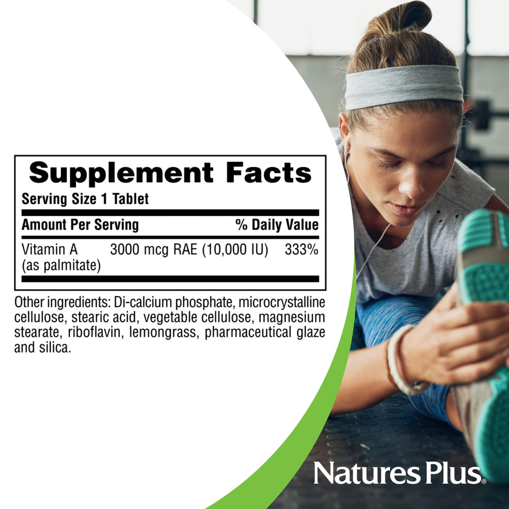 NaturesPlus Vitamin A Palmitate supplement facts panel, vegetarian-friendly.