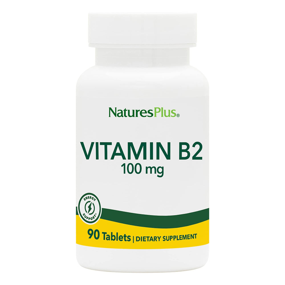 NaturesPlus Vitamin B2 bottle front highlights energy metabolism support.
