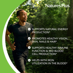NaturesPlus Vitamin B2 bottle side displays dosage and potential benefits.