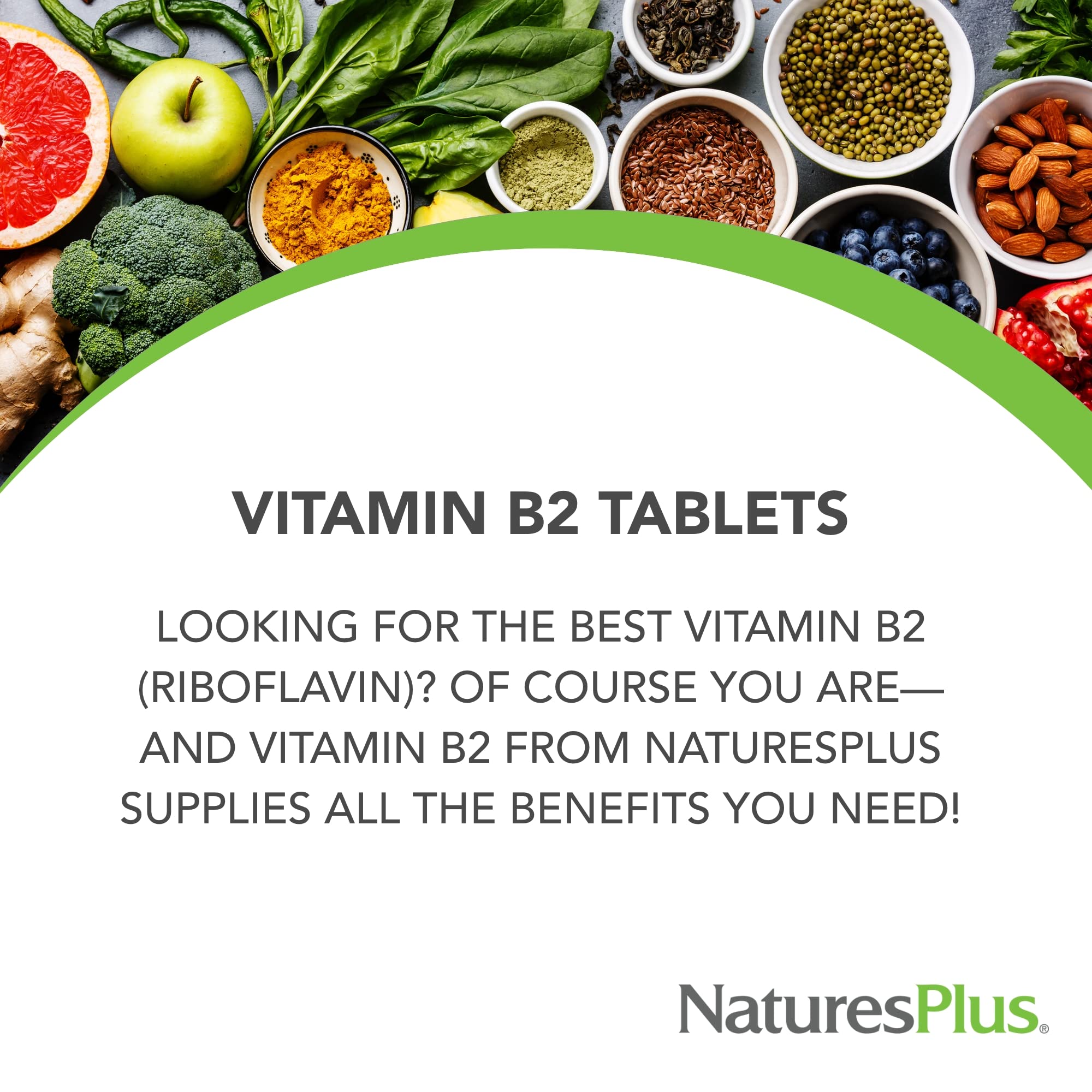 NaturesPlus Vitamin B2 packaging label highlights gluten-free, vegetarian option