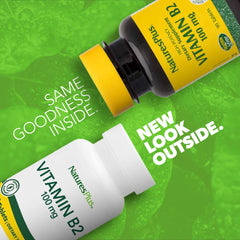 NaturesPlus Vitamin B2 tablets closeup highlight vegetarian formula for vitality.