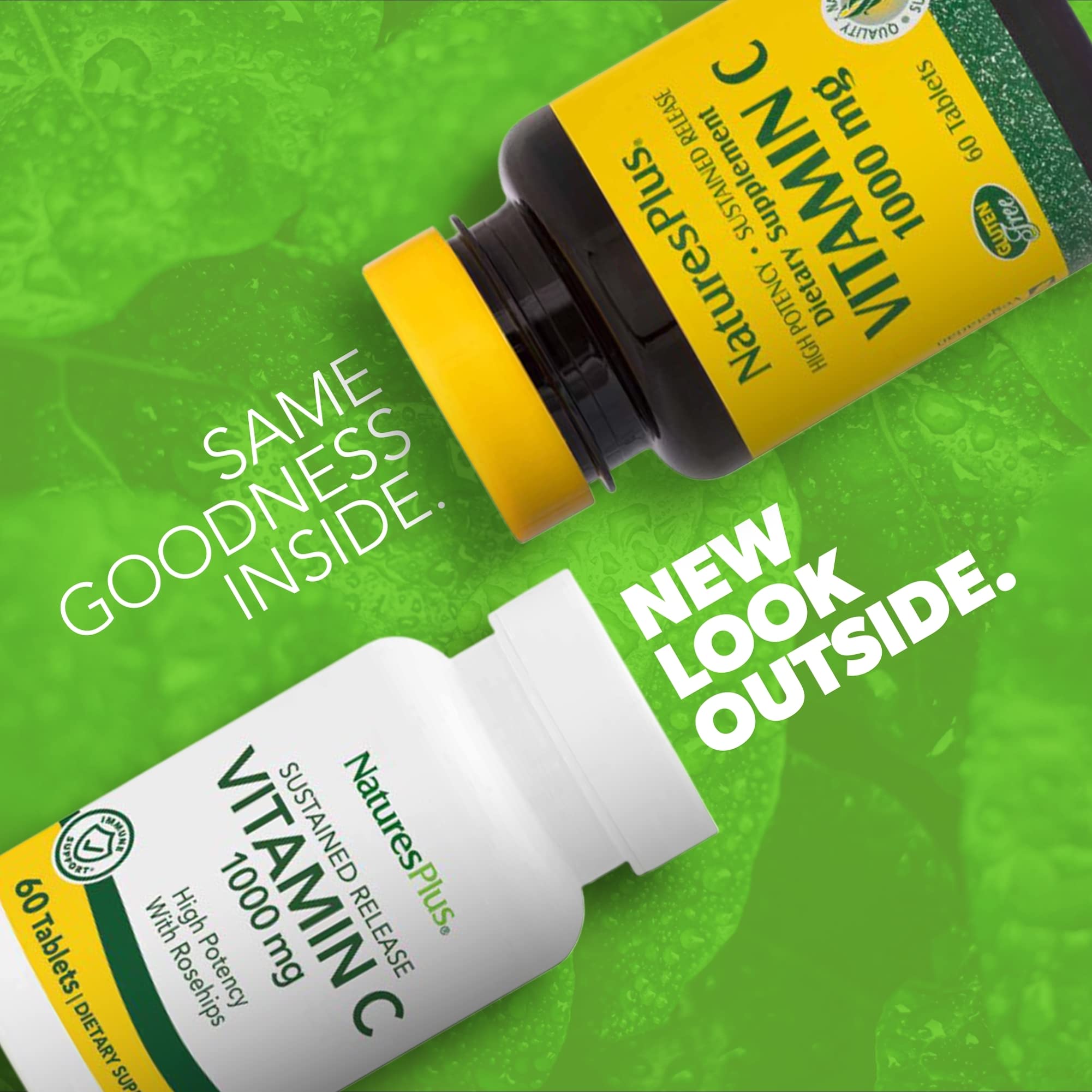 NaturesPlus Vitamin C with Rose Hips tablets close-up highlighting texture