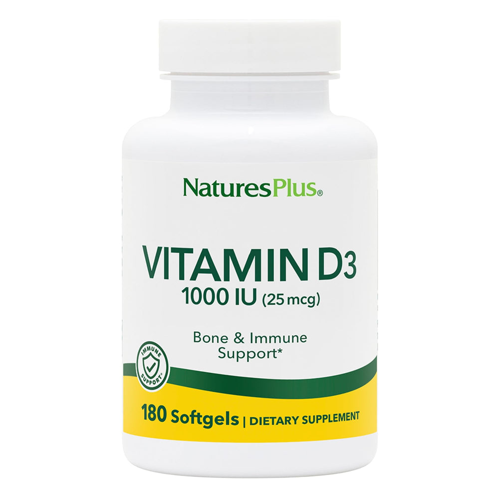NaturesPlus Vitamin D3 1000 IU softgels bottle for reliable bone support.