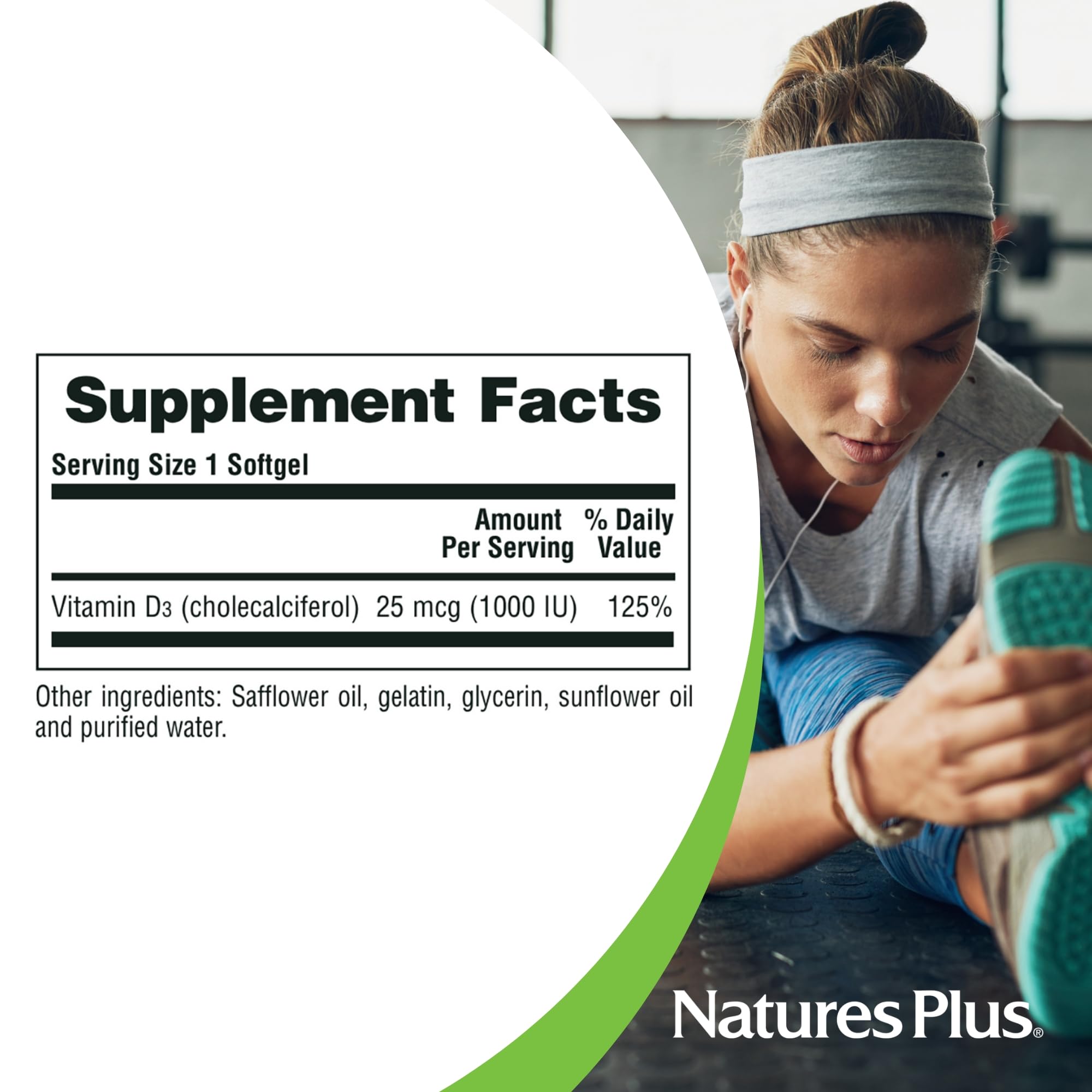 NaturesPlus Vitamin D3 1000 IU capsule close-up emphasizes potency.