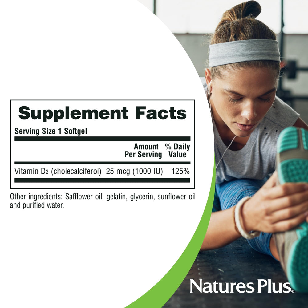 NaturesPlus Vitamin D3 1000 IU capsule close-up emphasizes potency.