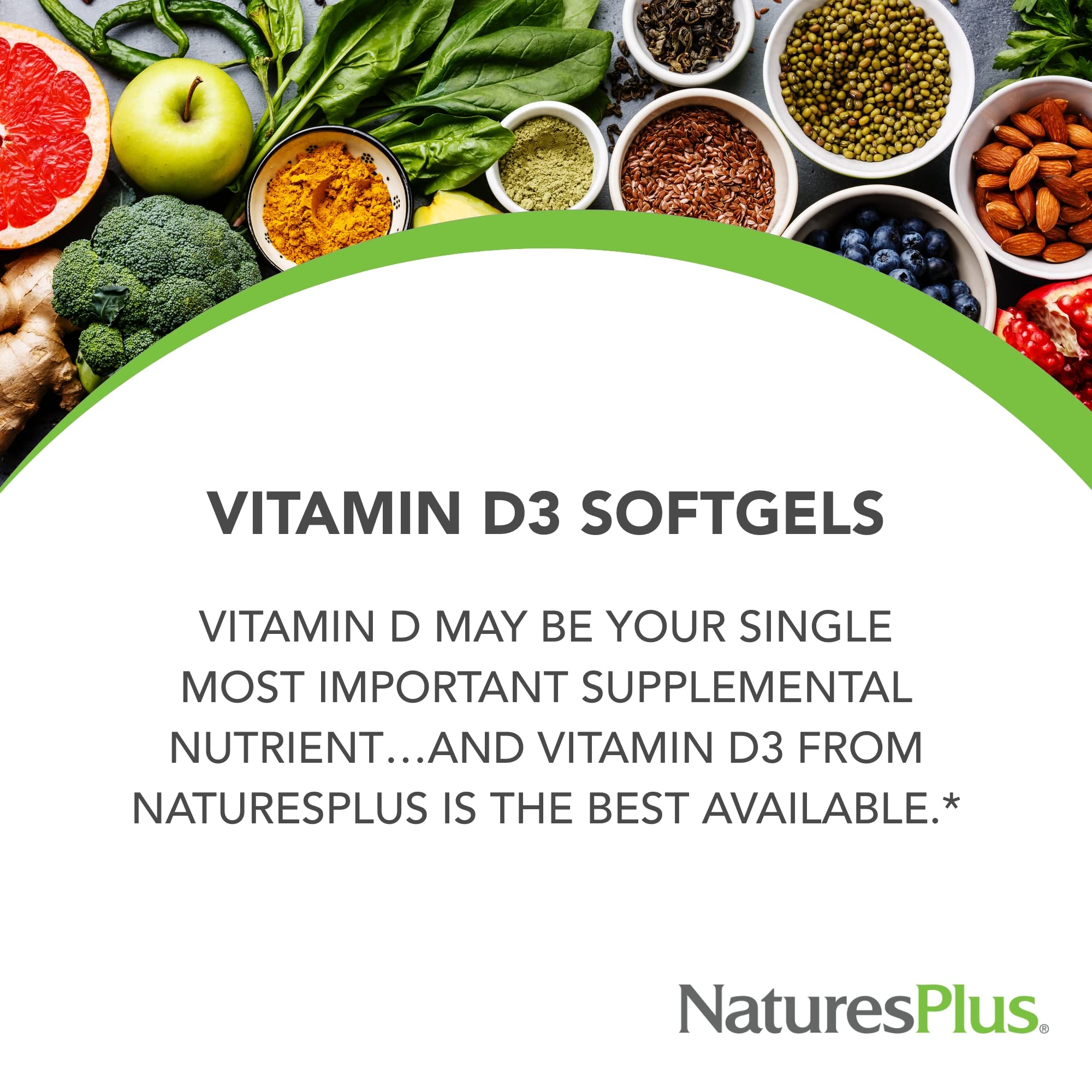 NaturesPlus Vitamin D3 label close-up highlights purity and quality.