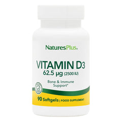 NaturesPlus Vitamin D3 bottle front with 90 softgels for daily support.