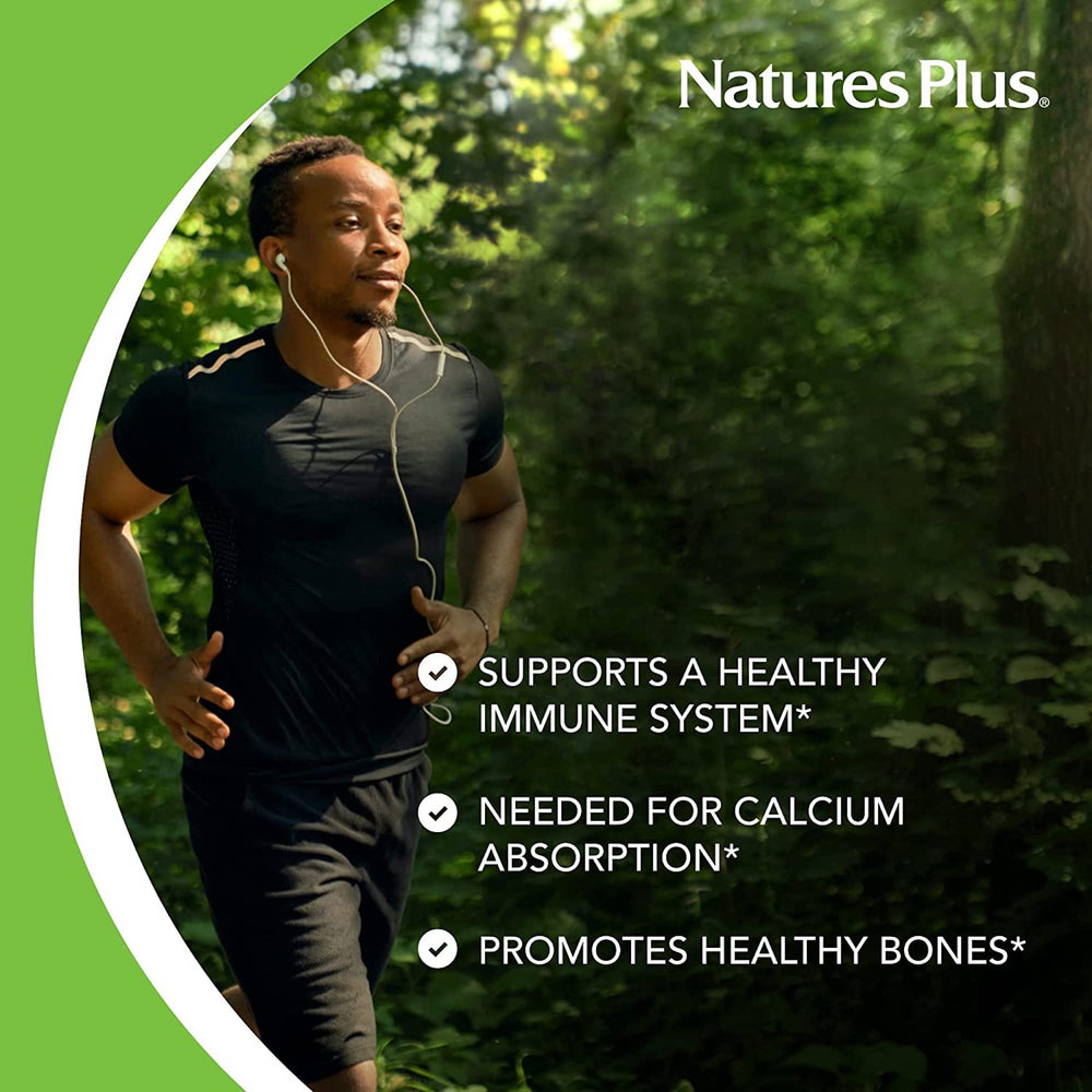 NaturesPlus Vitamin D3 nutrition facts close-up emphasizing purity and manufacturing.