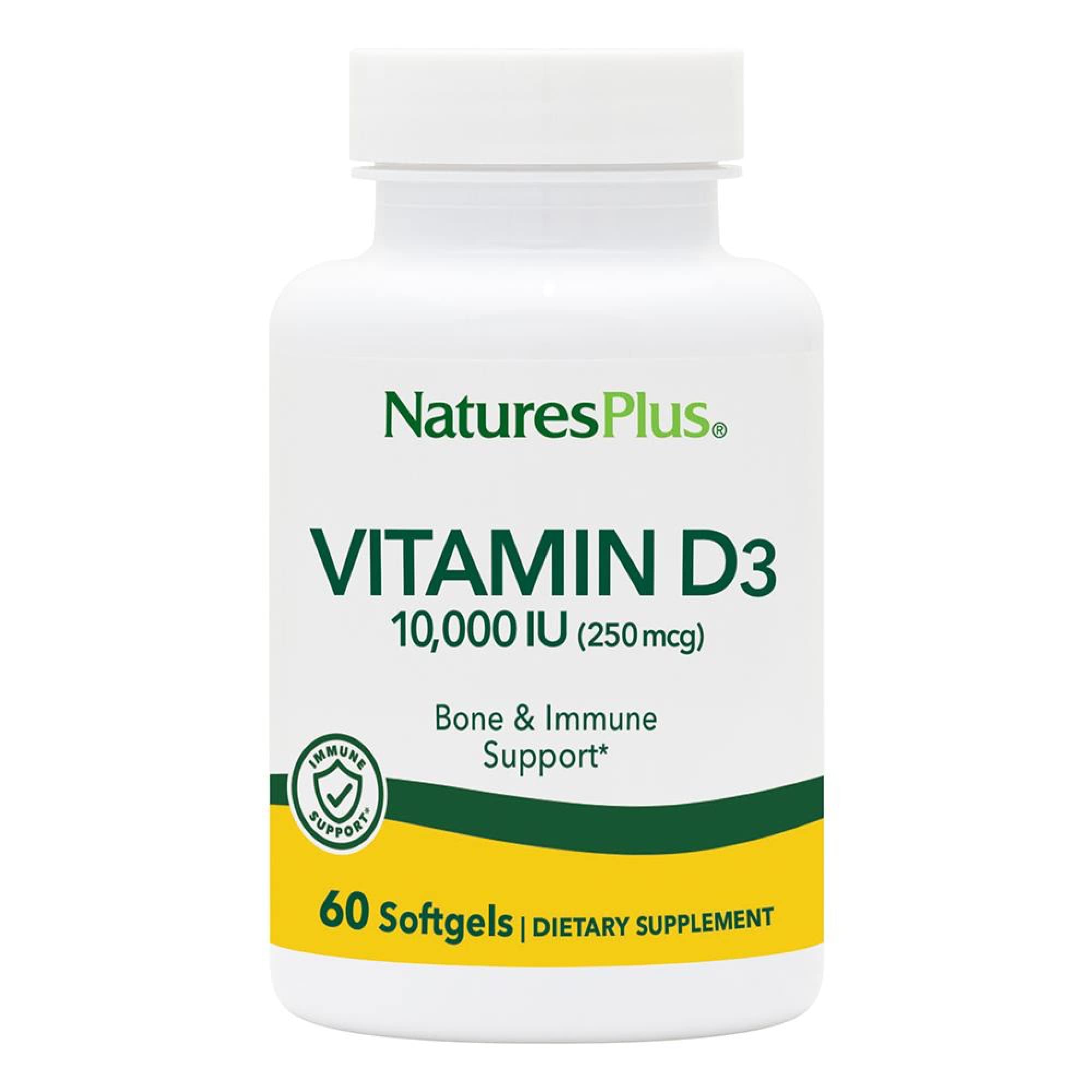 NaturesPlus Vitamin D3 softgels bottle front view for bone and teeth support.