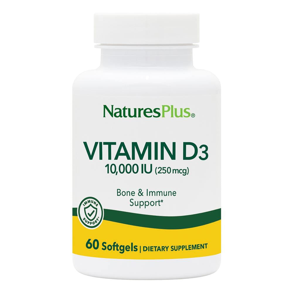 NaturesPlus Vitamin D3 softgels bottle front view for bone and teeth support.