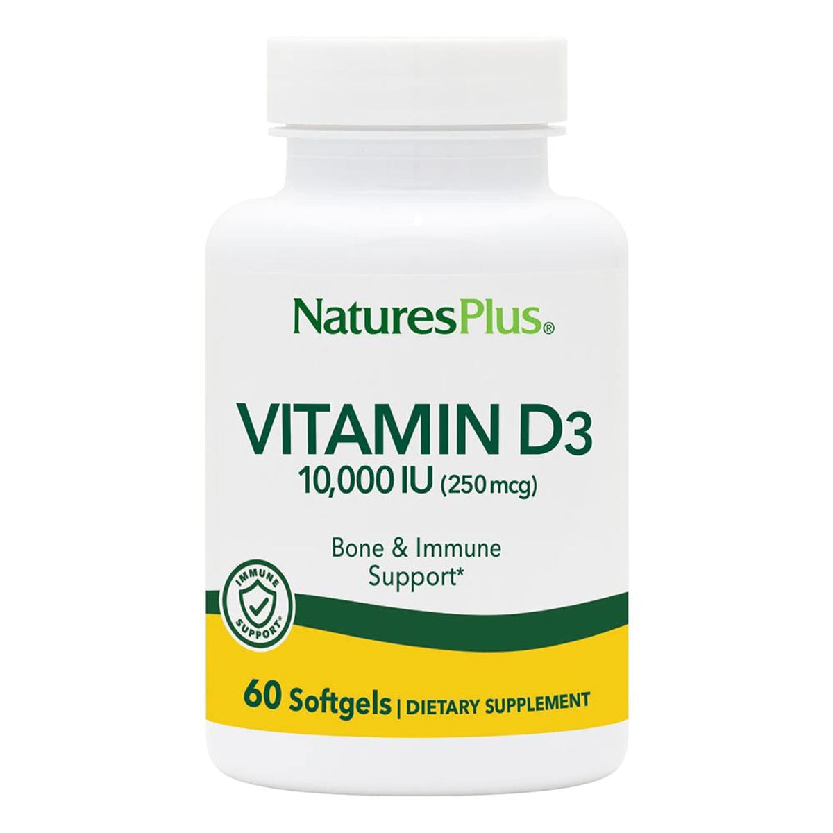 NaturesPlus Vitamin D3 softgels bottle front view for bone and teeth support.
