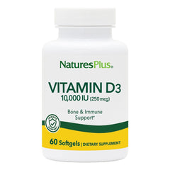 NaturesPlus Vitamin D3 softgels bottle front view for bone and teeth support.