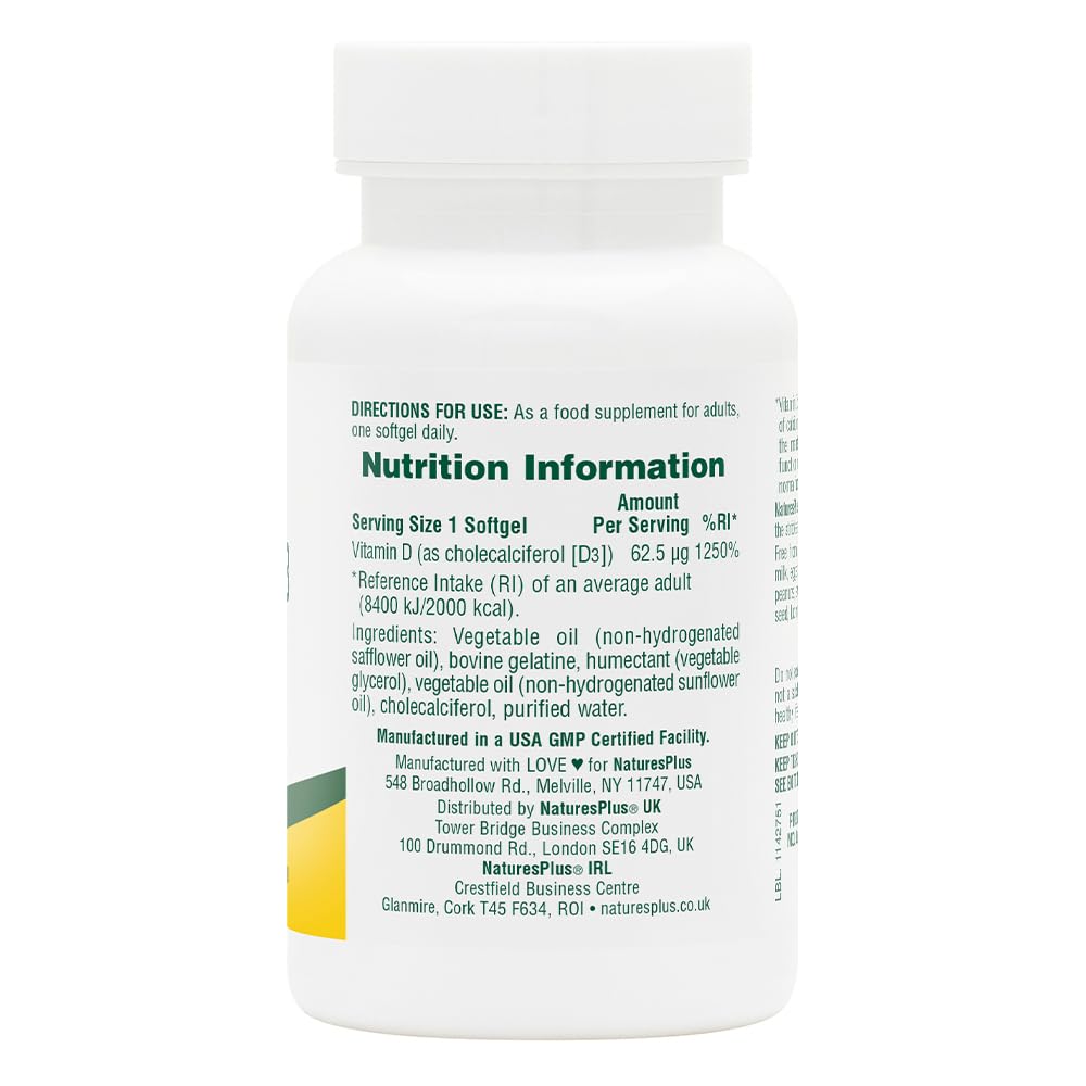 NaturesPlus Vitamin D3 softgels close-up highlighting 2500 IU potency.