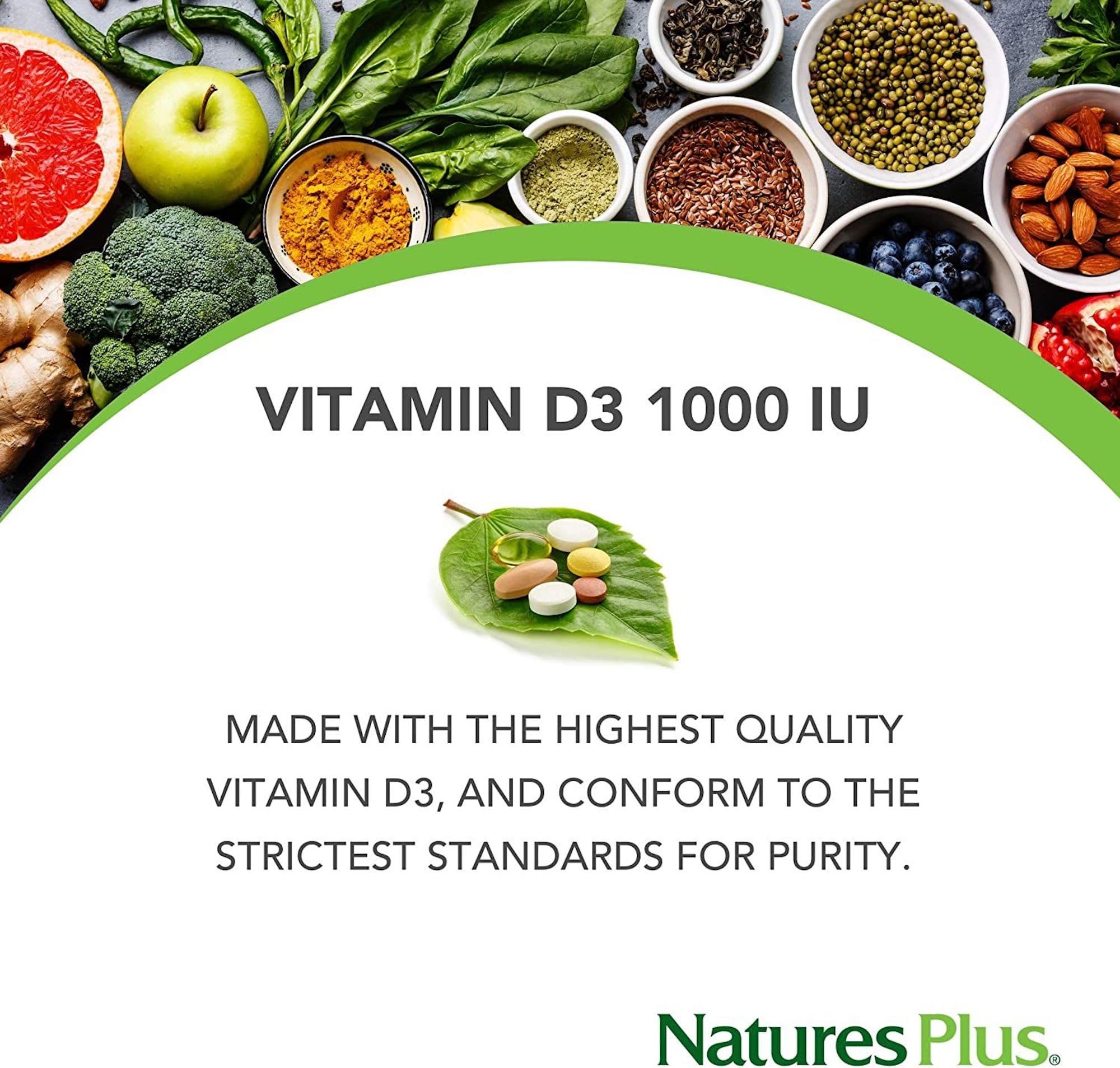 NaturesPlus Vitamin D3 bottle bathed in sunlight suggesting sun-derived vitamin support.