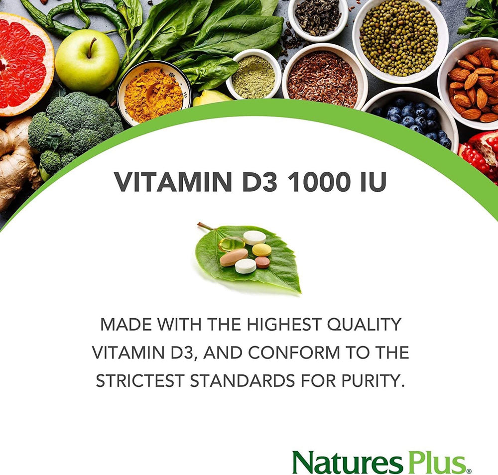 NaturesPlus Vitamin D3 bottle bathed in sunlight suggesting sun-derived vitamin support.