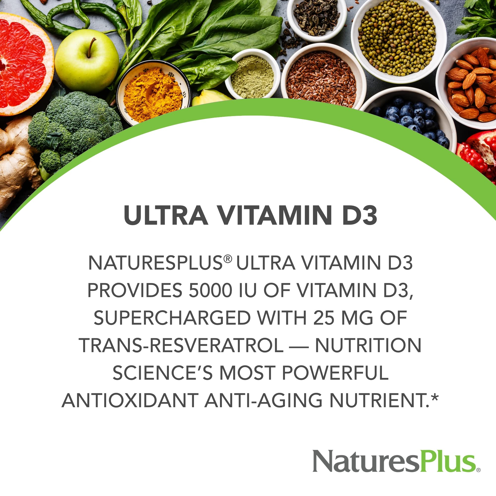 NaturesPlus Vitamin D3 Trans-Resveratrol ingredients feature for antioxidant support and anti-aging synergy