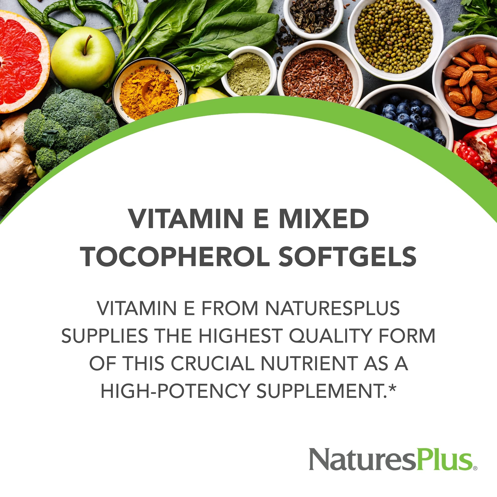 NaturesPlus Vitamin E 400 IU ingredients label highlights vegetarian-friendly, gluten-free formulation.