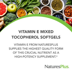 NaturesPlus Vitamin E 400 IU ingredients label highlights vegetarian-friendly, gluten-free formulation.