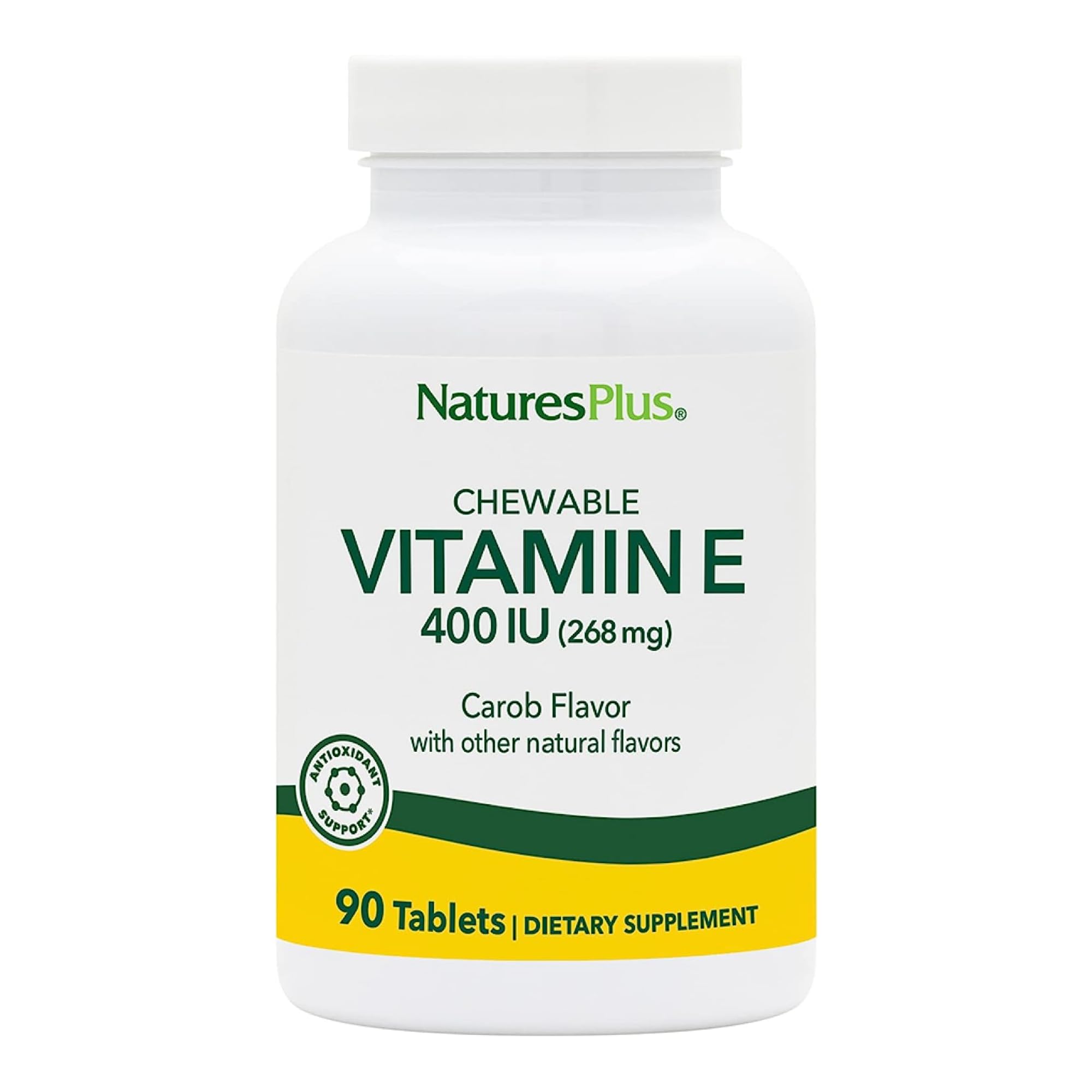 NaturesPlus Vitamin E carob flavor chewable tablet bottle promotes daily antioxidant support